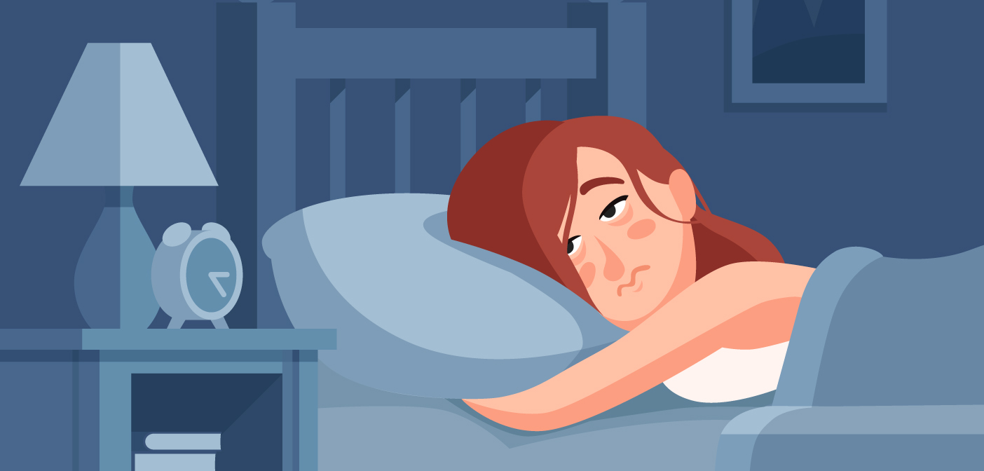 Illustration of girl trying to sleep in darkened bedroom