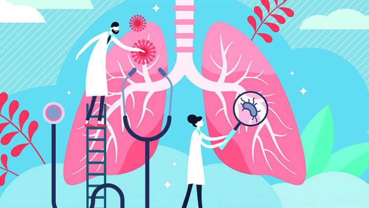 Cartoon of doctors and scientists investigating a pair of lungs