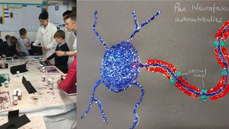 A group of scientists helping children make glitter images around a table in a classroom