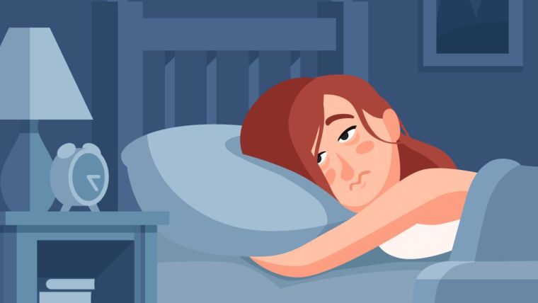 Illustration of girl trying to sleep in darkened bedroom